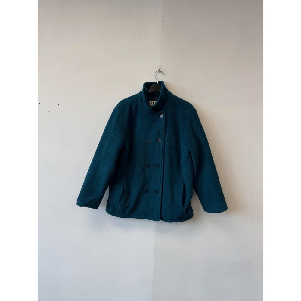 L.L.Bean Jacket Womens Large Blue Fleece‎ Pea Coat Double Breasted Lined Short